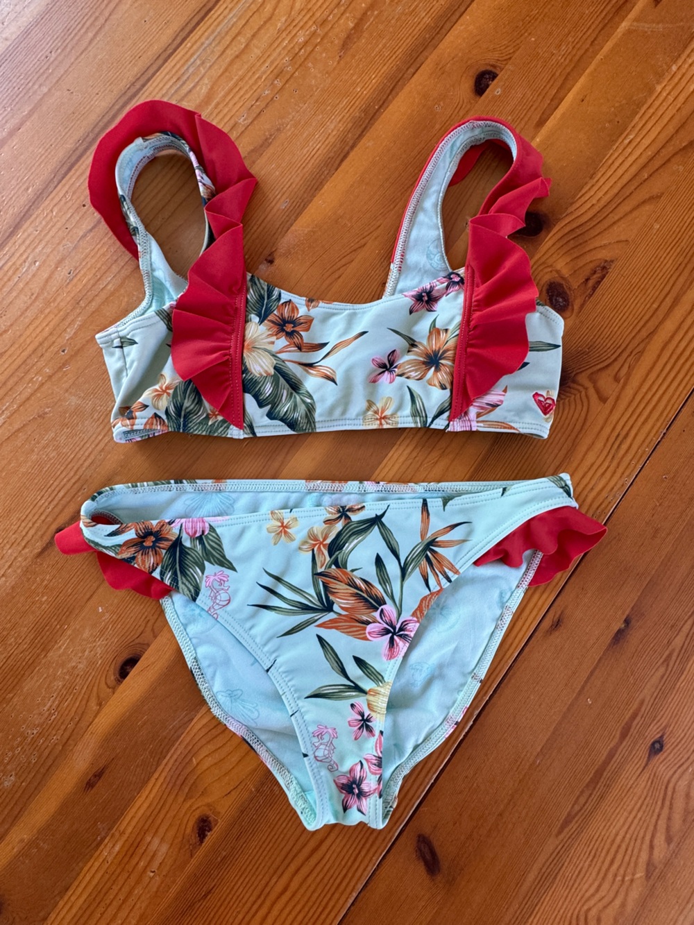 Roxy Big Girls Ariel Heritage Floral Bikini with Red Ruffle Trim